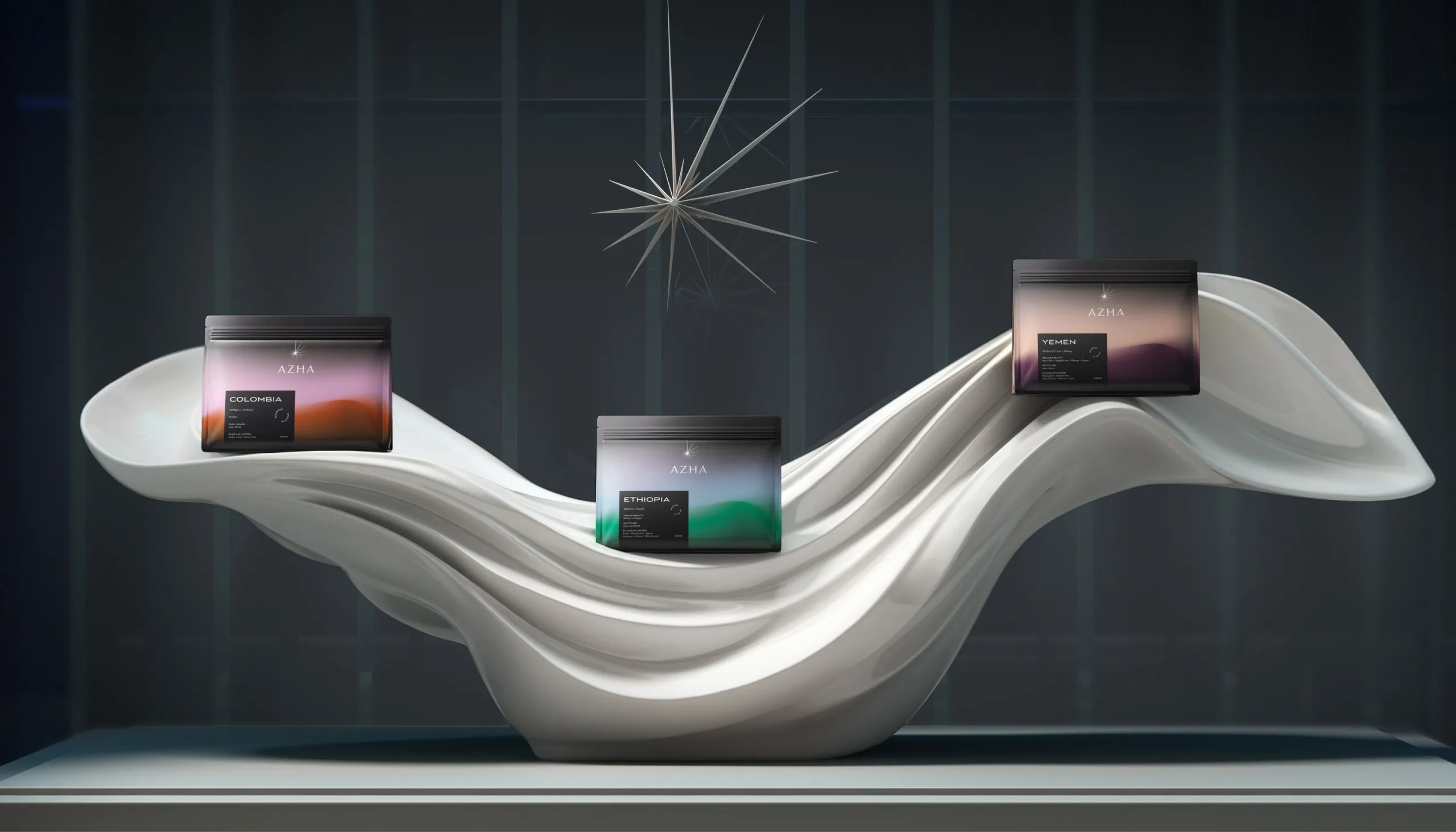 AZHA coffee boxes on a sculptural white stand under a star