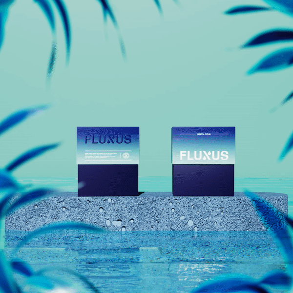 Animated Fluxus boxes floating over a stone in water with blue palms